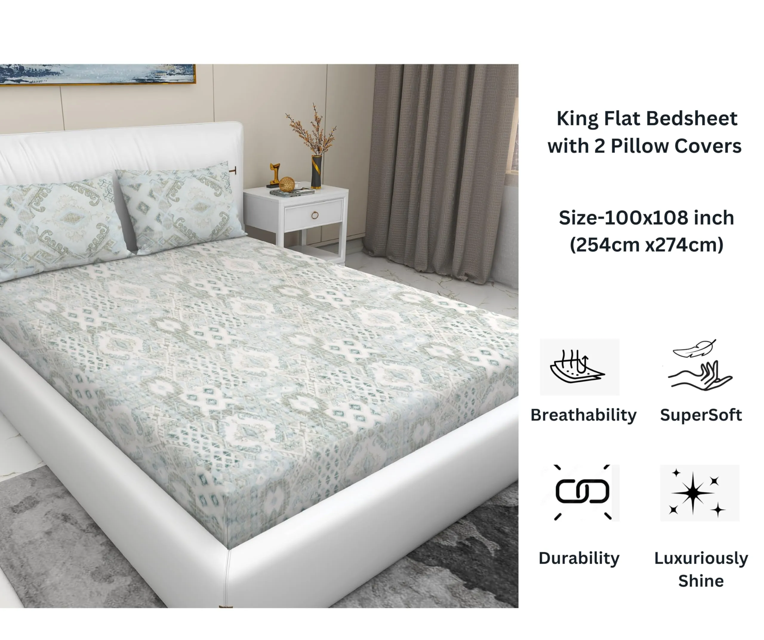 RD TREND® Presents 210 Tc 100% Cotton bedsheets for King Size Bed 108/100 Inchs (274/254 CM) with 2 Pillow Covers Size(20x30 inches) Color- lite Heena Paterrn- Geometric